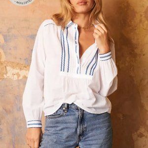 Brora Organic Cotton Shirt white with cobalt blue embroidery, size UK 10/US 6